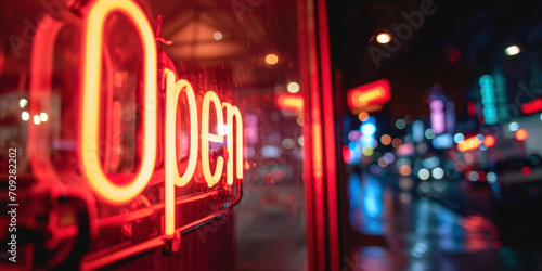 A blurred night street with neon 'Open' sign creates an abstract, atmospheric urban background.