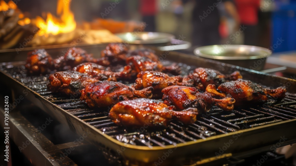 Grilled chicken wings on the grill in the street food market