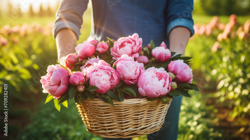 Wooden basket with hyper realistic beautiful king size pink blossoming peony flowers in the hands of a farmer created with Generative Ai