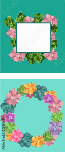 Floral frame with colorful flowers and green leaves on teal background. Flora...