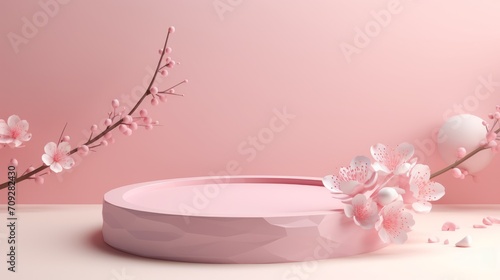  cylindrical podium for the presentation of a cosmetic product on a pink background with fragments of sakura flowers