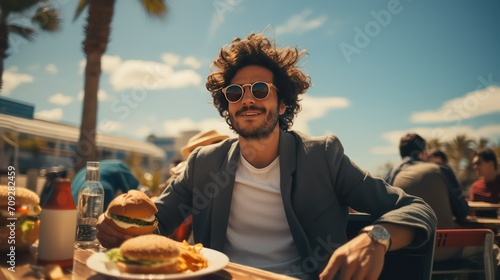 Handsome young man with curly hair and sunglasses is eating hamburgers in a cafe