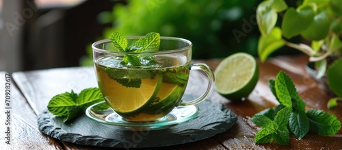 Mint herbal tea served in a glass cup with lime on a slate plate in a teahouse. photo
