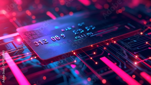 Bank card on vibrant holographic background 