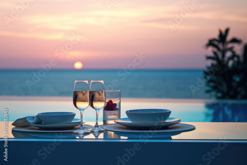 Elegant dining setup with wine glasses against a sunset sea view.