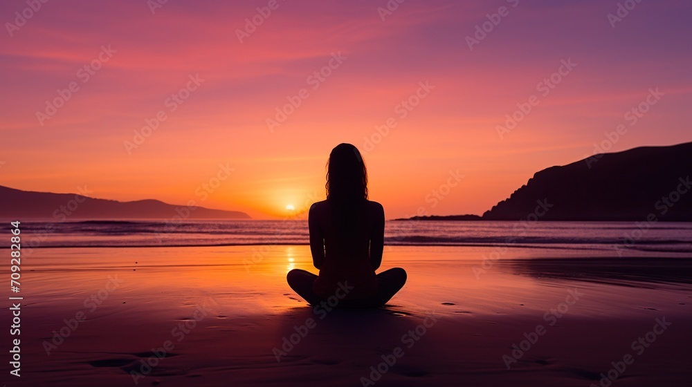 A contemplative silhouette sits in meditation on the beach, with the sun setting in a dramatic sky behind