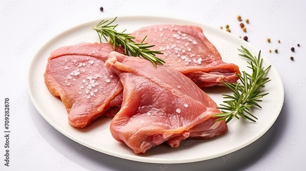 Raw pork meat with rosemary, salt and pepper on white background