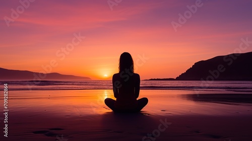 A contemplative silhouette sits in meditation on the beach  with the sun setting in a dramatic sky behind
