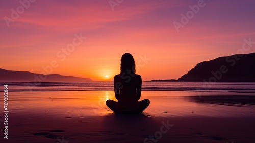 A contemplative silhouette sits in meditation on the beach, with the sun setting in a dramatic sky behind