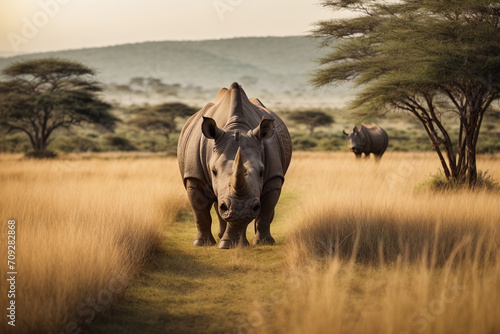 rhino at sunset