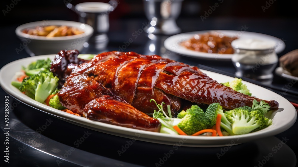Roast duck with sauce and vegetables on a white plate. Restaurant Roast duck with sauce and vegetables on a white plate. Restaurant