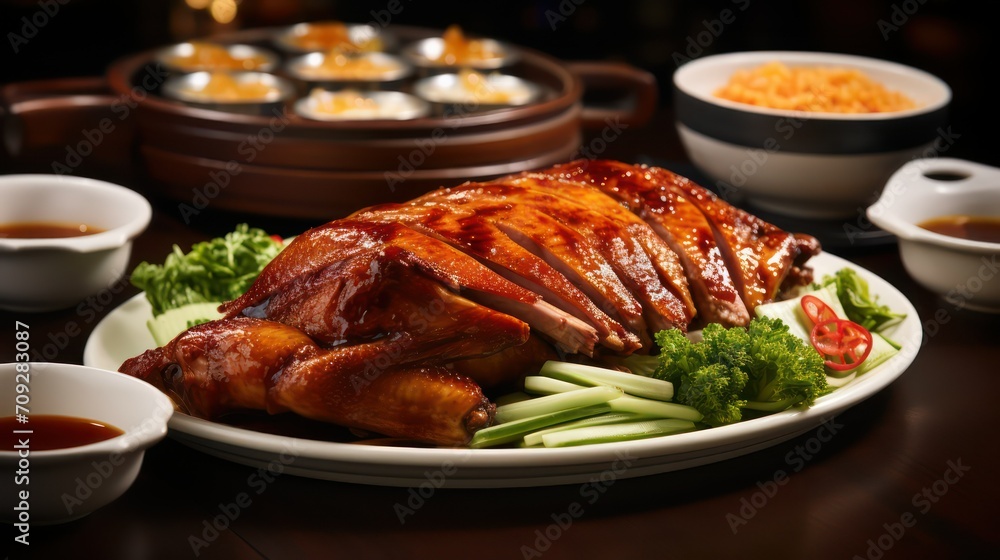 Roast duck with soy sauce on a wooden table in a restaurant Roast duck with soy sauce on a wooden table in a restaurant