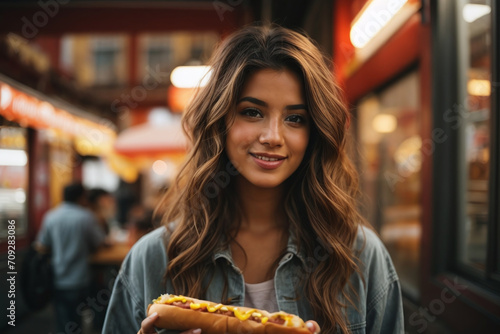 young woman eating hotdog in the market photo