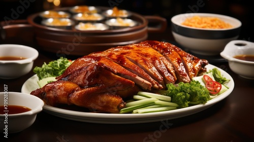 Roast duck with soy sauce on a wooden table in a restaurant