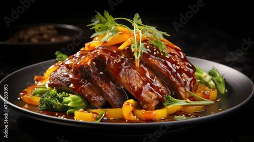 roasted duck leg with orange and broccoli on a dark background