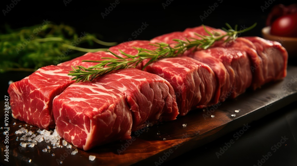 Slices of fresh raw beef meat with parsley on a gray background