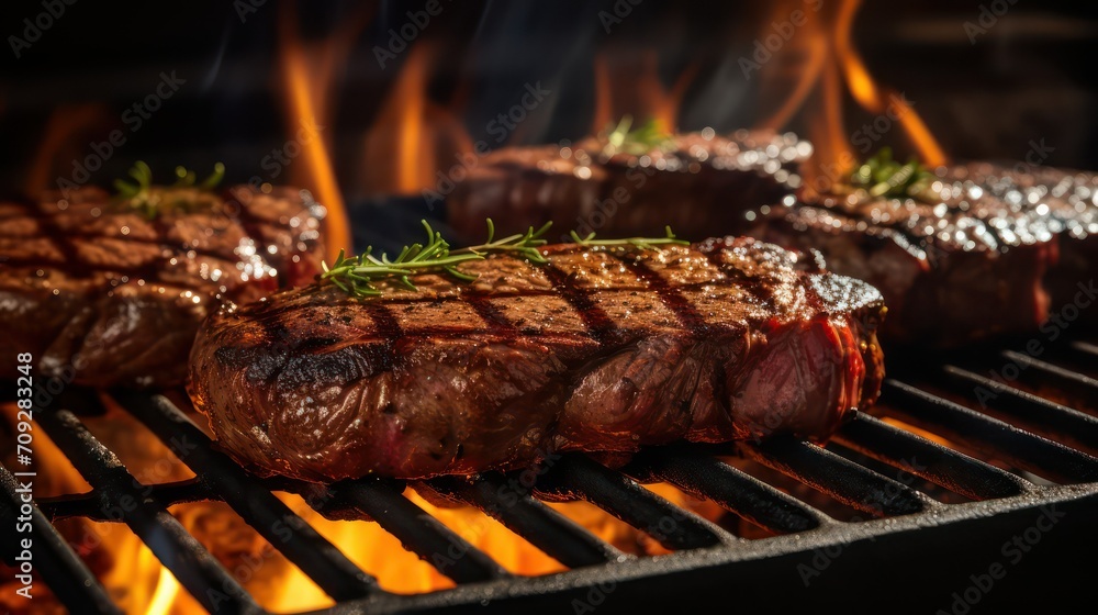 Steak on the grill with flames and smoke, close-up
