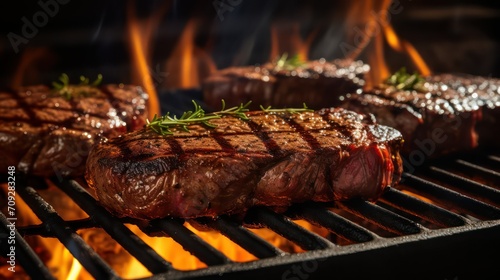 Steak on the grill with flames and smoke, close-up
