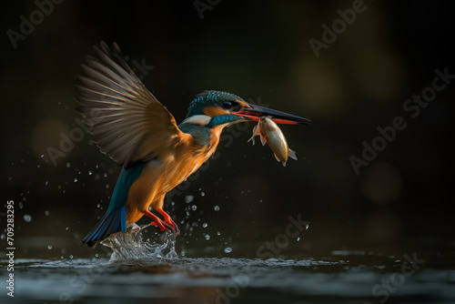 A kingfisher skillfully captures fish from the water, displaying its adept fishing abilities