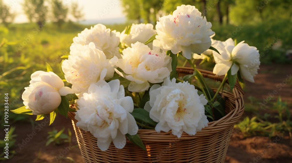 Wooden basket with hyper realistic beautiful king size white blossoming peony flowers in the hands of a farmer created with Generative Ai Wooden basket with hyper realistic beautiful king size white blossoming peony flowers in the hands of a farmer created with Generative Ai