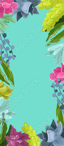 Colorful floral border with blue, yellow and pink flowers. Spring or summer b...