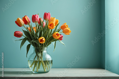 vase with tulips flowers blue backgrounds