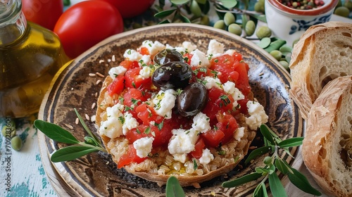 Dakos or ntakos Greece salad. Rusks with tomatoes and feta cheese. photo