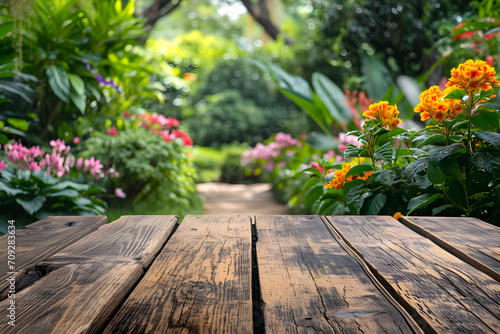 Foreground Wooden Table, Blurred Botanical Garden Bliss Background