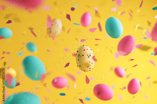colorful easter eggs are shown on a yellow and pink background © AAA