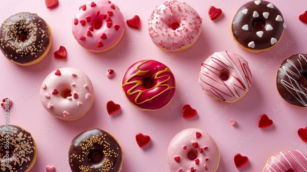 Obraz premium Donuts with gold, red, pink hearts sprinkles on dusty rose pink background. Sugar, calories, homemade sweets concept. st. valentines concept