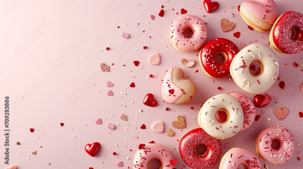 Donuts with gold, red, pink hearts sprinkles on dusty rose pink background. Sugar, calories, homemade sweets concept. st. valentines concept Donuts with gold, red, pink hearts sprinkles on dusty rose pink background. Sugar, calories, homemade sweets concept. st. valentines concept