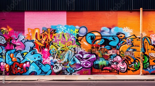 A burst of vibrant graffiti art decorates an urban wall, showcasing the colorful expression of street art. © logonv