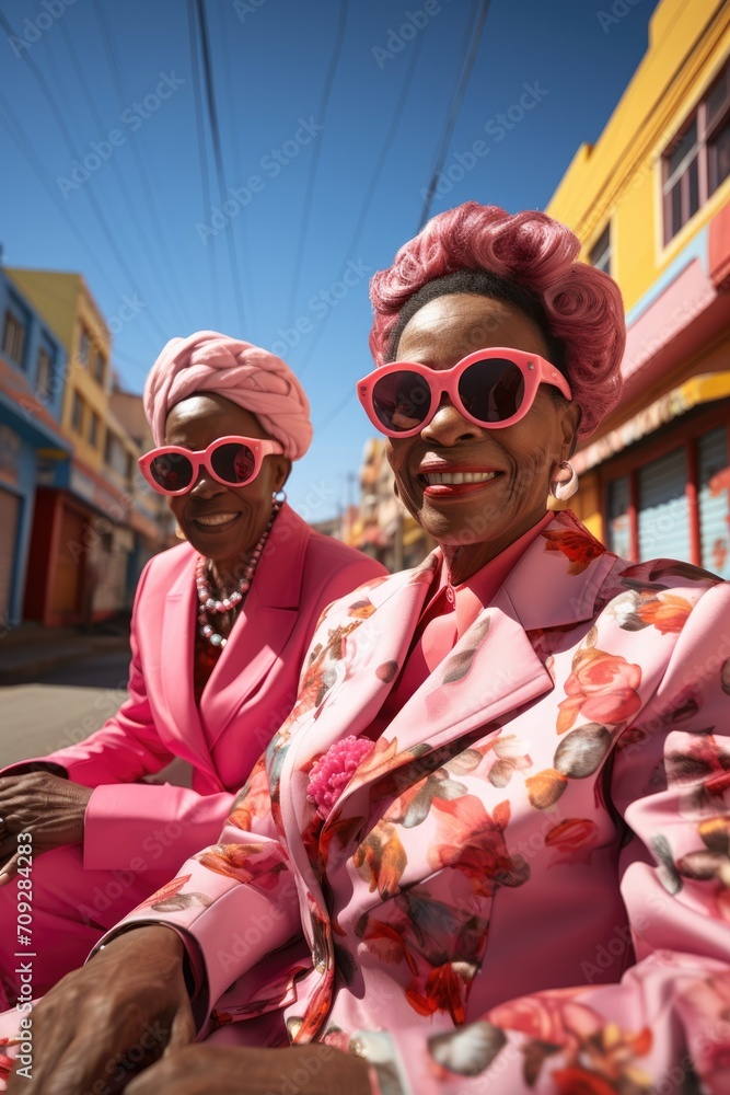 Two older women fashion dressed in pink and wearing sunglasses. In the style of vibrant and textured