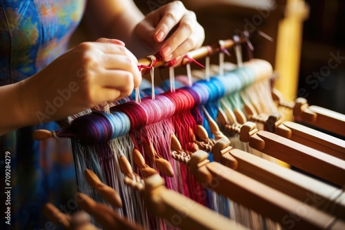 Close hands weaving, cloth. Art, threads. To knit. Making fabric, carpet. Folk craft photo