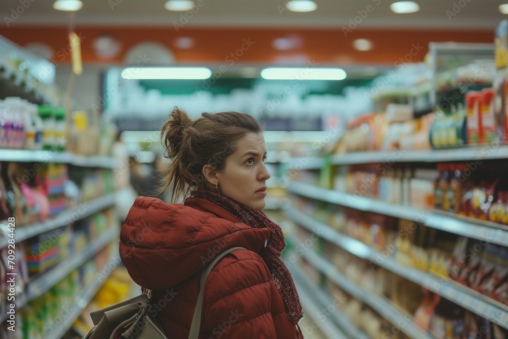 woman in aisle of grocery store woman in aisle of grocery store