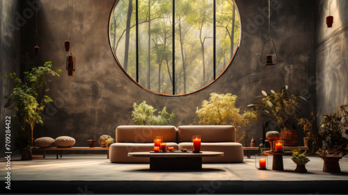 Tranquil Zen-Inspired Meditation Space with Autumnal Views, Minimalist Decor, and Natural Light - Home Serenity Design - AI Generated