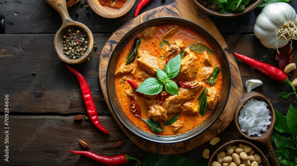 Panaeng Curry featuring sliced chicken breast in a rich red curry paste and coconut milk, garnished with coconut cream and shredded kaffir lime leaves. A classic Thai dish