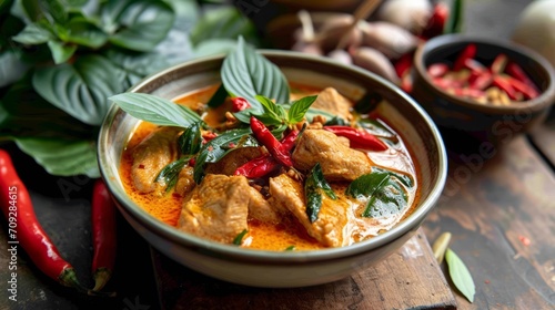 Panaeng Curry featuring sliced chicken breast in a rich red curry paste and coconut milk, garnished with coconut cream and shredded kaffir lime leaves. A classic Thai dish photo
