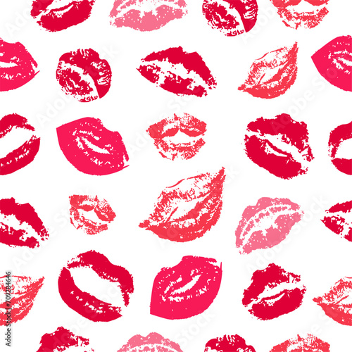 Kisses seamless pattern. Pink red kiss female lips with lipstick. Isolated lip silhouettes  romantic sexy fabric print template. Neoteric vector background