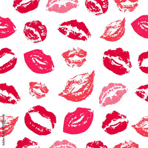 Kisses seamless pattern. Pink red kiss female lips with lipstick. Isolated lip silhouettes, romantic sexy fabric print template. Neoteric vector background