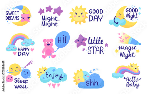 Positive sleep and morning kids lettering phrases. Isolated quotes with moon, sun and clouds. T-shirt prints templates, childish neoteric vector design © MicroOne