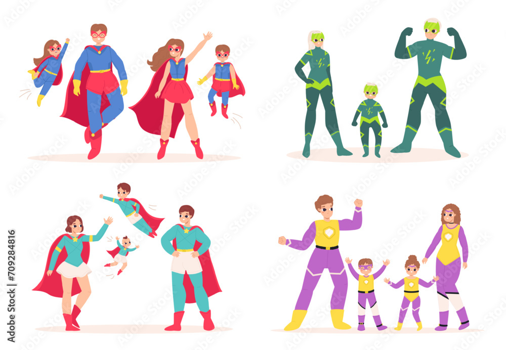 Cartoon superhero parents and children. Families superheroes in masks and mantles. People wear costumes, snugly funny vector characters