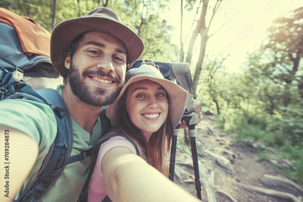 young happy couple taking selfie on their hike love travel