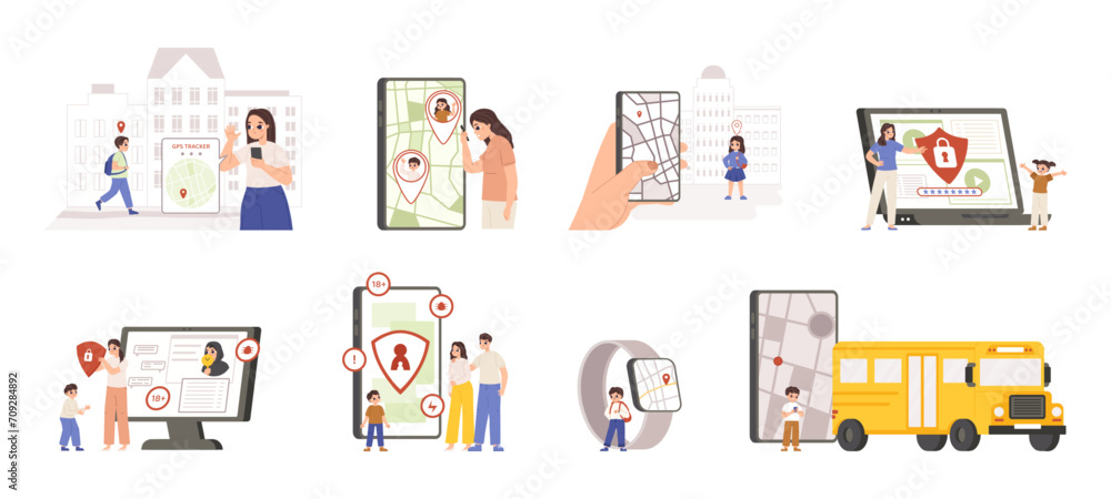 Fototapeta premium Children safety security, gps tracker with geolocation and smartwatch. Internet parental control, security technologies for children. Snugly vector scenes