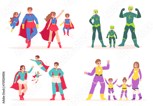 Cartoon superhero parents and children. Families superheroes in masks and mantles. People wear costumes  snugly funny vector characters