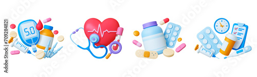 3d medicine concept. Medical and pharmacy plasticine elements. Pills and drugs, heart with pulse line, blood test tube. Isolated pithy hospital set