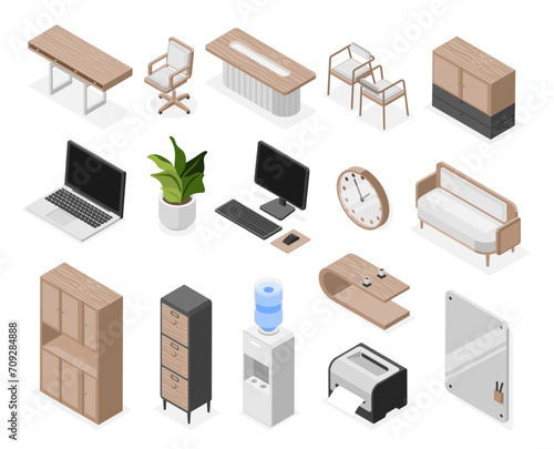 Isometric office elements. Cabinet furniture and work equipments. Gadgets, sofa and shelves, wooden desk and chairs. Isolated flawless vector set