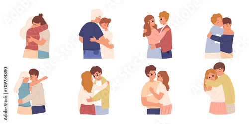 Couples in love. Romantic relationships, teens hugging and kisses. Young adults embracing, first sweetheart. Cartoon snugly people vector set