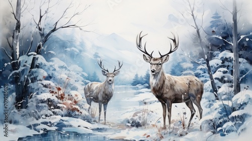 Watercolor deer with winter pine tree forest illustration background © pixeness