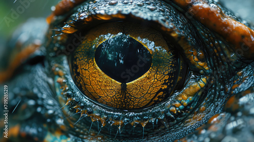 Close-up of a reptile s eye with orange hue.